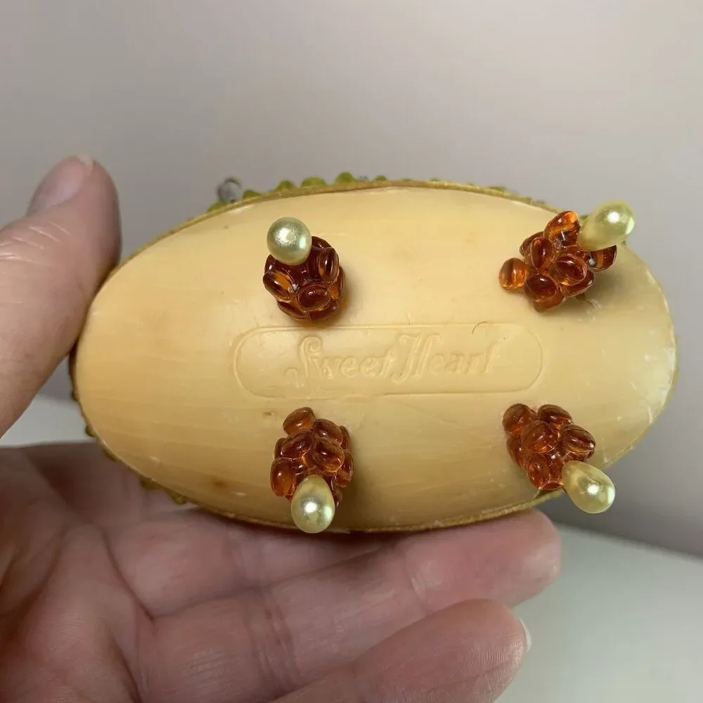Vintage Beaded Push Pin Easter Basket 5.5” Tall Soap Beads Felt Chick Flowers